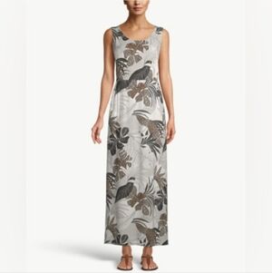 Chico’s Palm Print Stretch Maxi Dress Black Tan Sleeveless Size 8/10